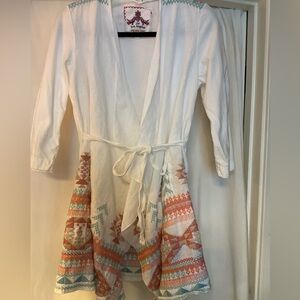 Johnny Was White Embroidered Wrap top with Coral & Teal Accents
